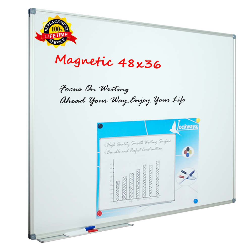 Lockways White Board Dry Erase Board 48 x 36 - Magnetic Whiteboard 4 X 3, Silver Aluminium Frame, Set Including 1 Detachable Aluminum Marker Tray, 3 Dry Erase Markers, 8 Magnets